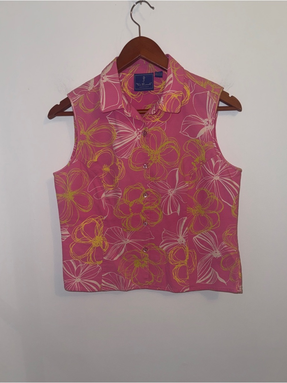 Tori Richard Honolulu Pink Floral Sleeveless Button Front Golf Resort Top Sz 10 - Picture 4 of 10